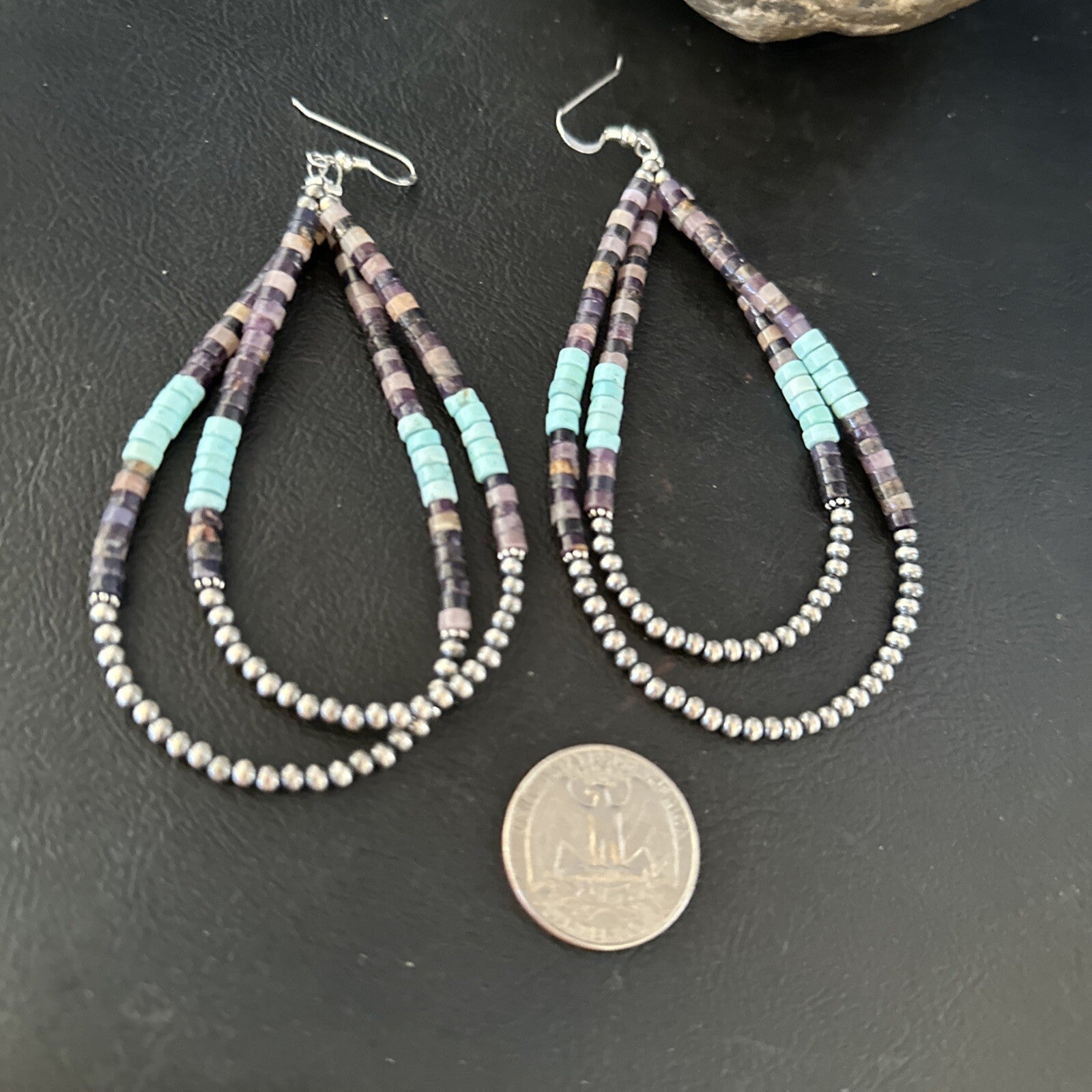 XL  Purple Stone Turquoise Sterling Silver Heishi Bead Earrings 4" 17837