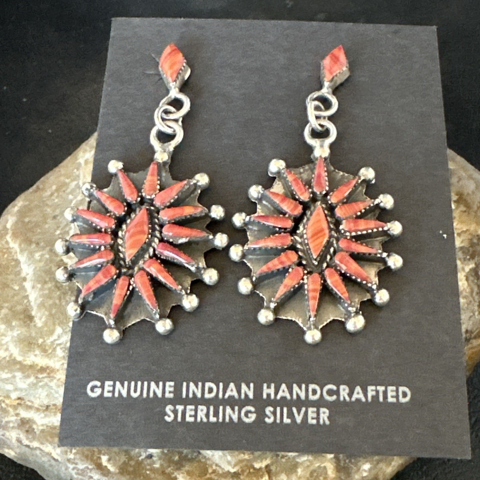 Red Coral Needlepoint Zuni Sterling Silver Dangle Earrings 19100