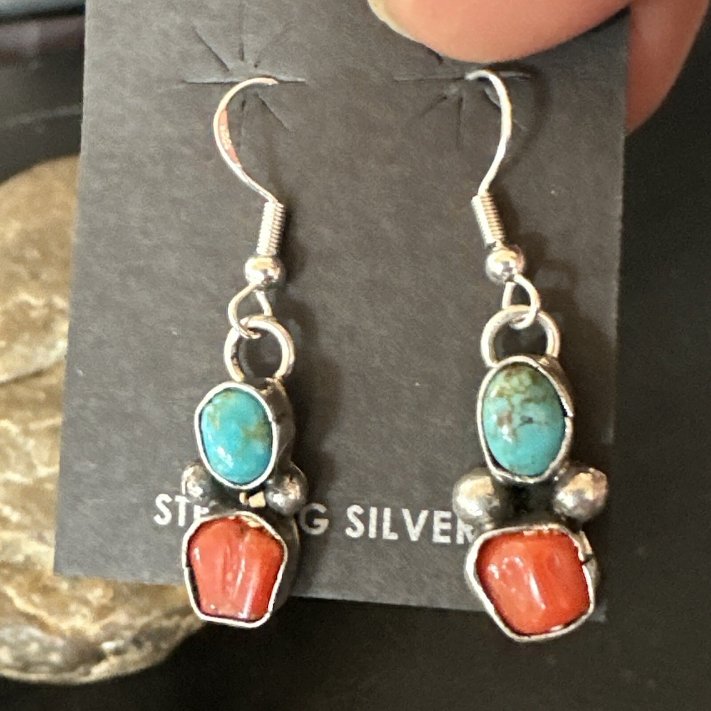 Handmade Blue Turquoise Red Coral Sterling Silver Navajo Dangle Earrings 18840