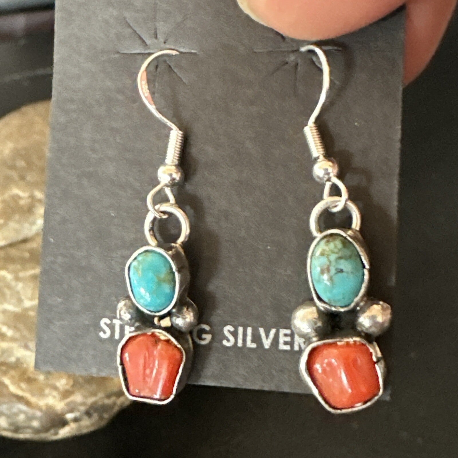 Handmade Blue Turquoise Red Coral Sterling Silver Navajo Dangle Earrings 18840