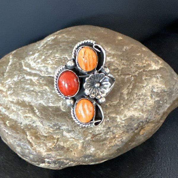 Multicolor Ring Coral Spiny Navajo Cluster Sz 10.5 | Sterling Silver | Authentic Native American Handmade | 19196
