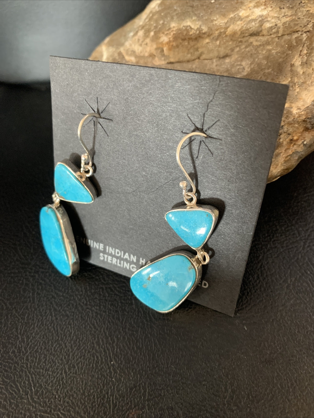 Blue Kingman Turquoise Navajo Sterling Silver Dangle Earrings 14073