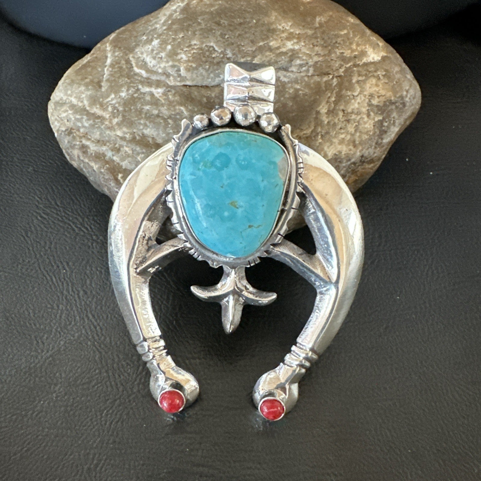 Tufa Cast Navajo Sterling Silver Blue Kingman Turquoise Coral Naja Pendant 19355