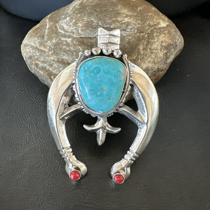 Tufa Cast Navajo Sterling Silver Blue Kingman Turquoise Coral Naja Pendant 19355