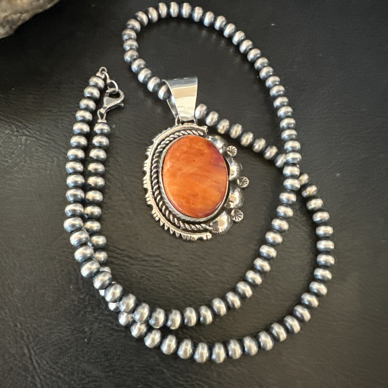 Yazzie Orange Spiny Oyster Pendant Navajo Sterling Silver Necklace 19490