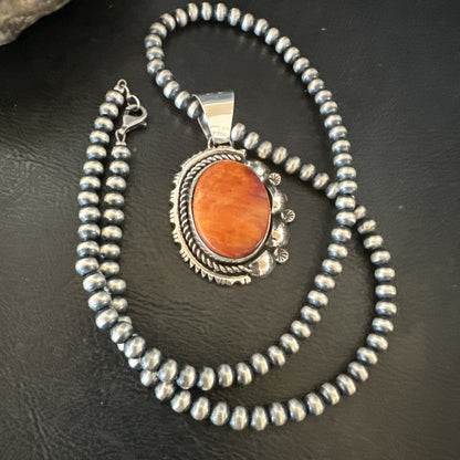 Yazzie Orange Spiny Oyster Pendant Navajo Sterling Silver Necklace 19490