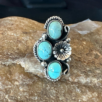 Yazzie Ring Blue Turquoise Navajo Sterling Silver Cluster Size 8 19220
