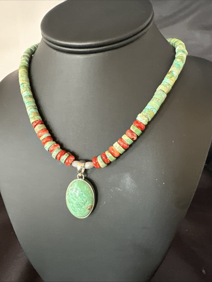 Green Turquoise Pendant Spiny Navajo Sterling Silver Heishi Necklace 21" 19204