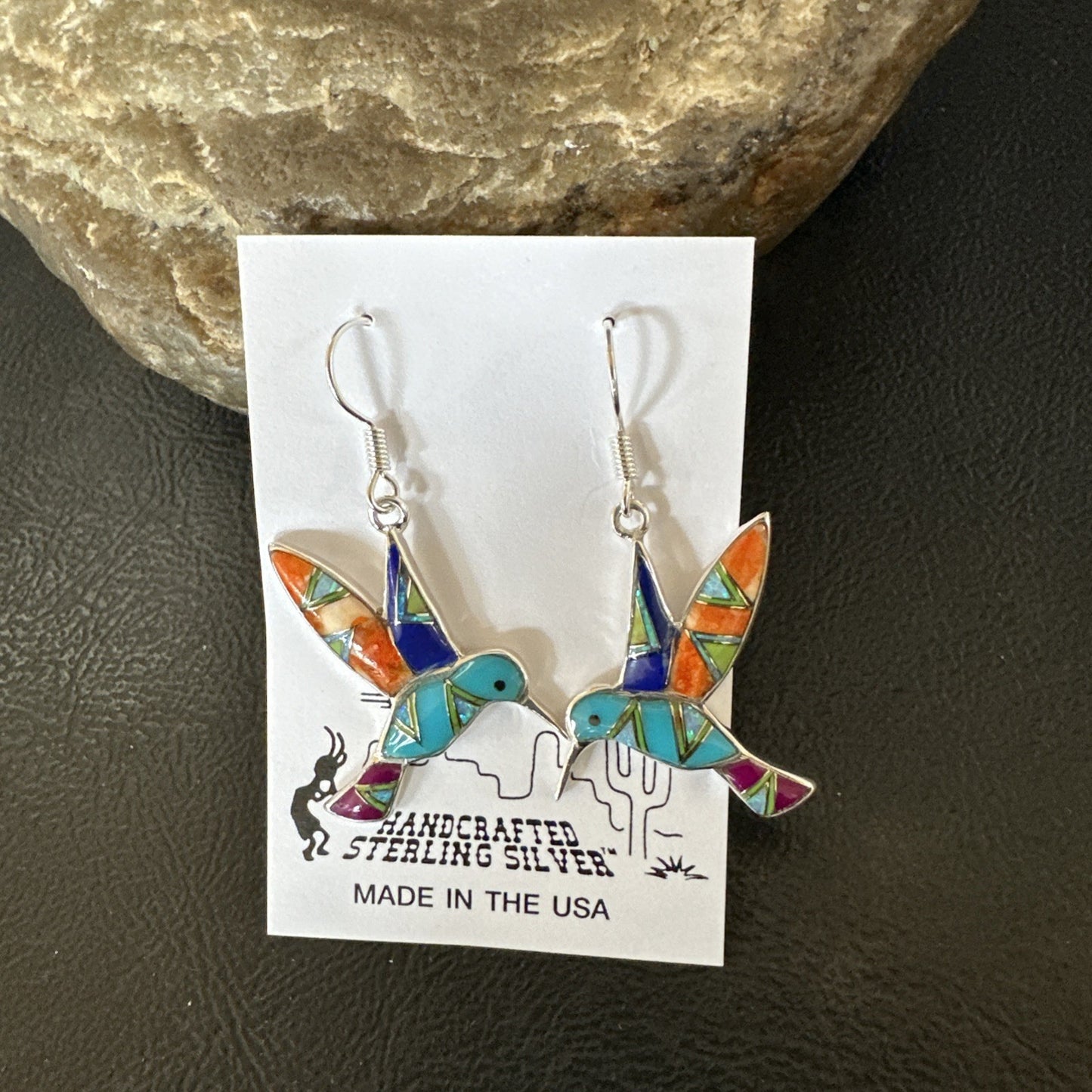 Blue Turquoise Spiny Opal Sterling Silver Hummingbird Dangle Earrings 19132