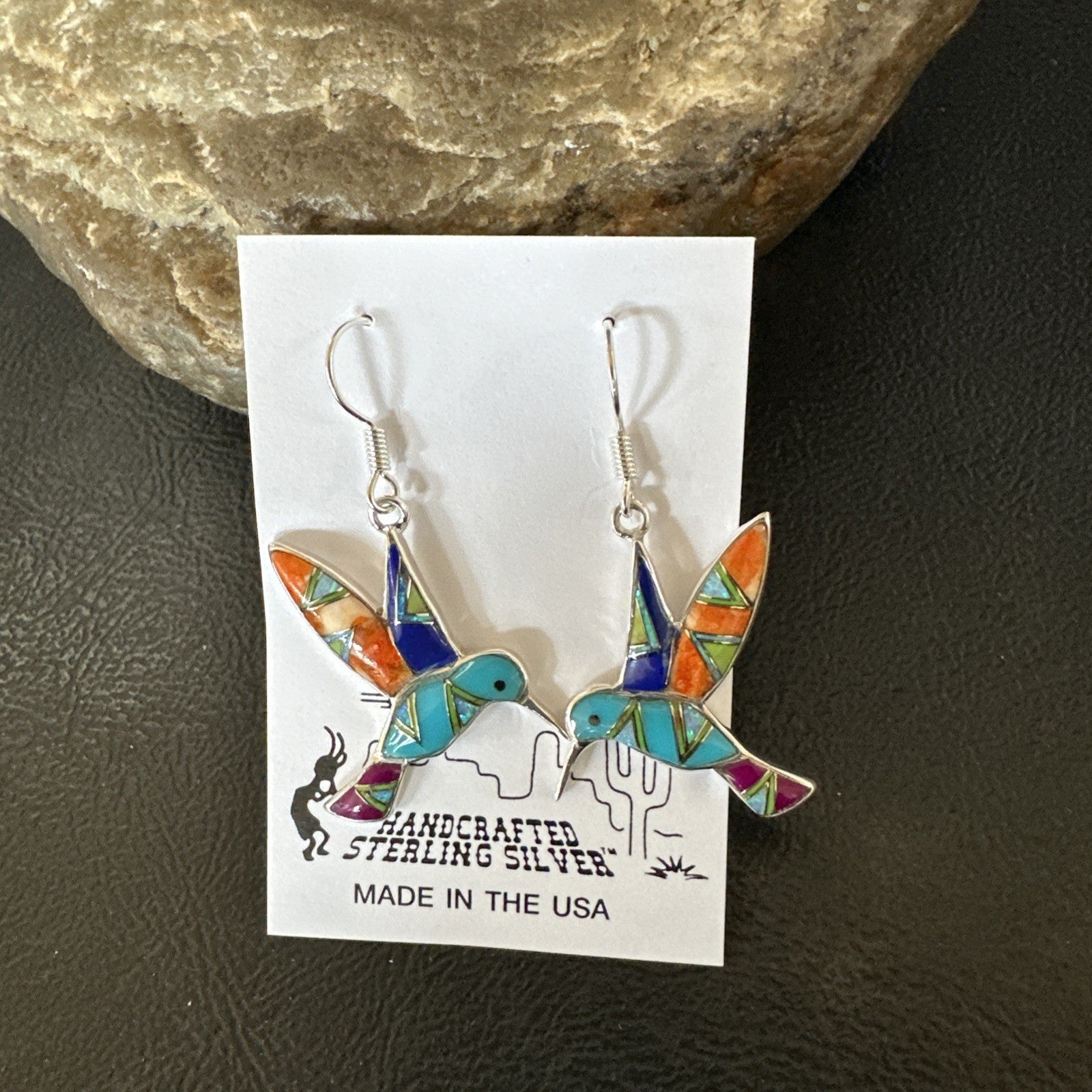 Blue Turquoise Spiny Opal Sterling Silver Hummingbird Dangle Earrings 19132
