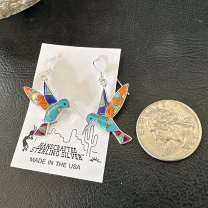 Blue Turquoise Spiny Opal Sterling Silver Hummingbird Dangle Earrings 19132