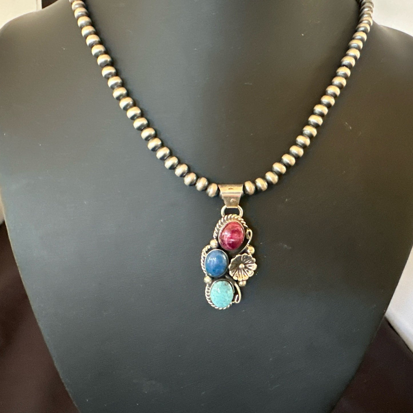 Multicolor Turquoise Spiny Navajo Sterling Silver Cluster Pendant Necklace 19312