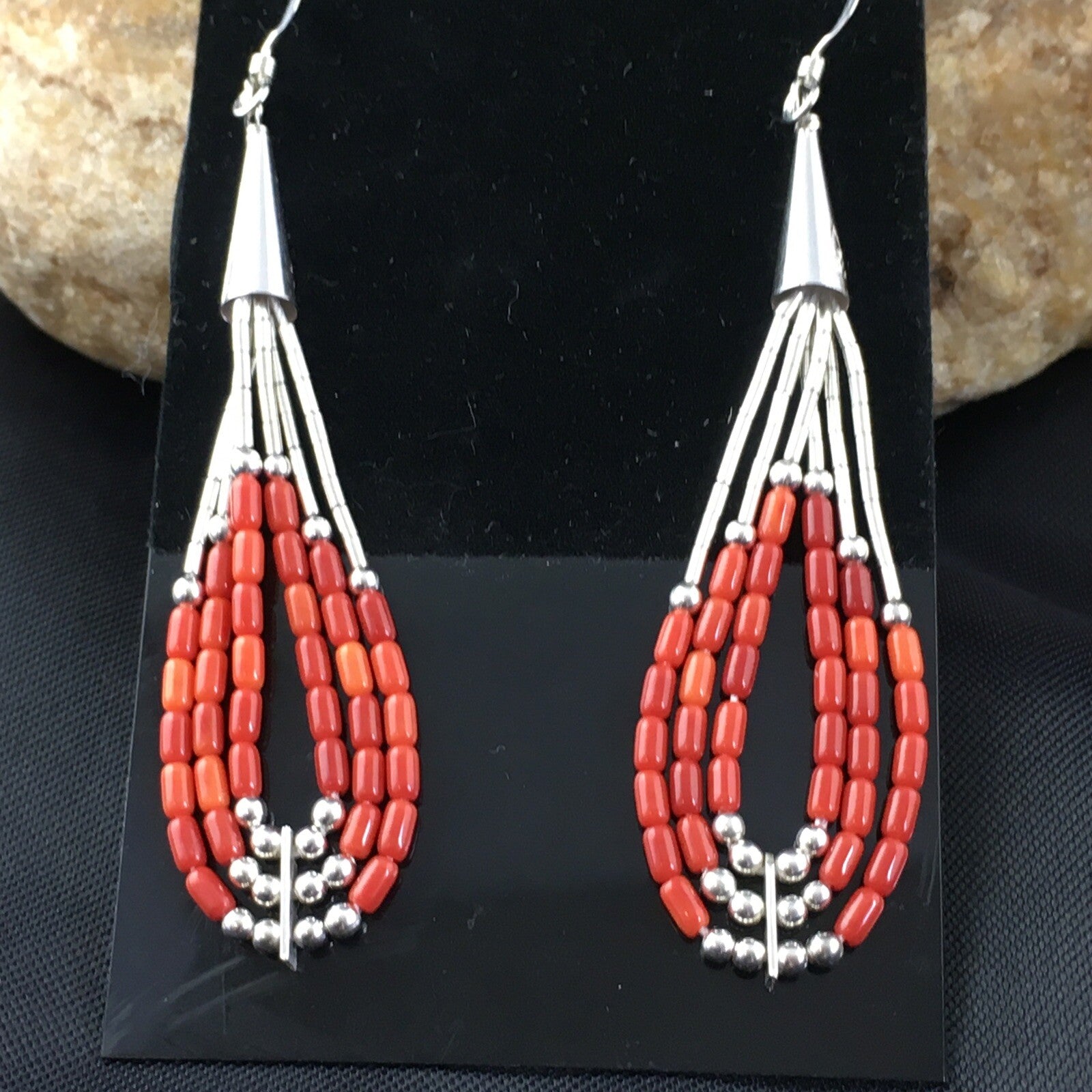 Red Coral 3 Strands Heishi Liquid Sterling Silver Dangle Earrings 1977