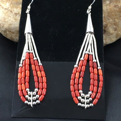Red Coral 3 Strands Heishi Liquid Sterling Silver Dangle Earrings 1977