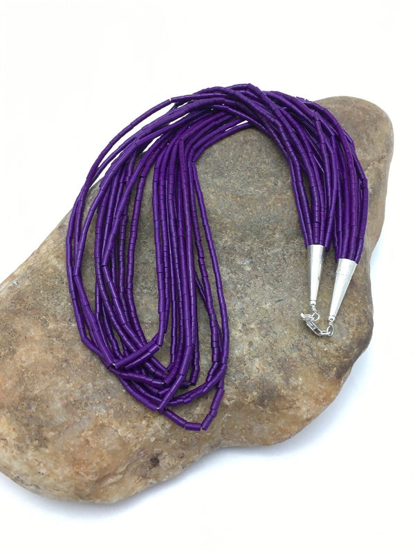 Navajo Stabilized Purple Stone 10S Tube Heishi Necklace 19" | Sterling Silver | Authentic Native American Handmade | 4195