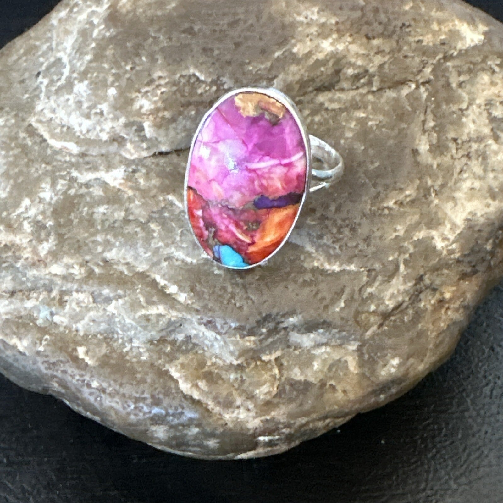 Blue Turquoise Spiny Oyster Southwestern Sterling Silver Ring Size 8 18483