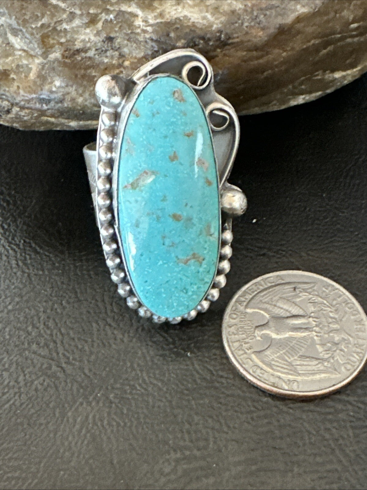 Navajo Sterling Silver Blue Turquoise Stamped Ring Size 11 18771
