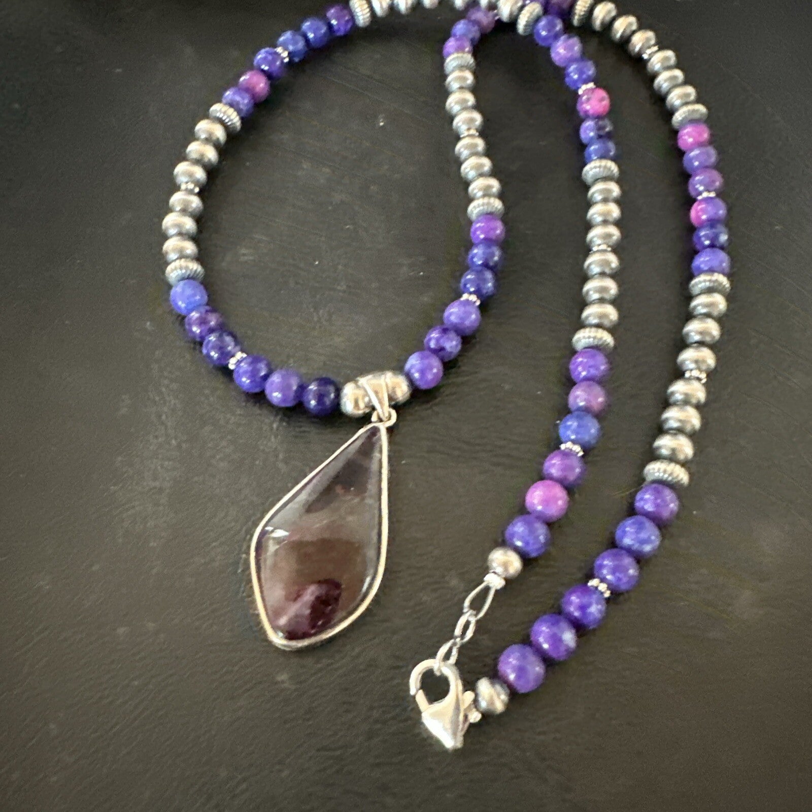Purple Stone Pendant Navajo Pearls Sterling Silver Necklace 23" 17892