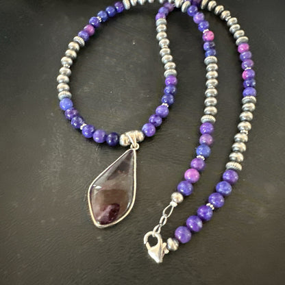 Purple Stone Pendant Navajo Pearls Sterling Silver Necklace 23" 17892