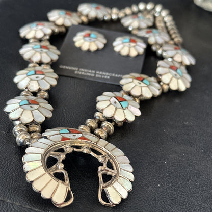 Old Pawn Sunface Turquoise Zuni Sterling Silver Squash Necklace Earrings 19085