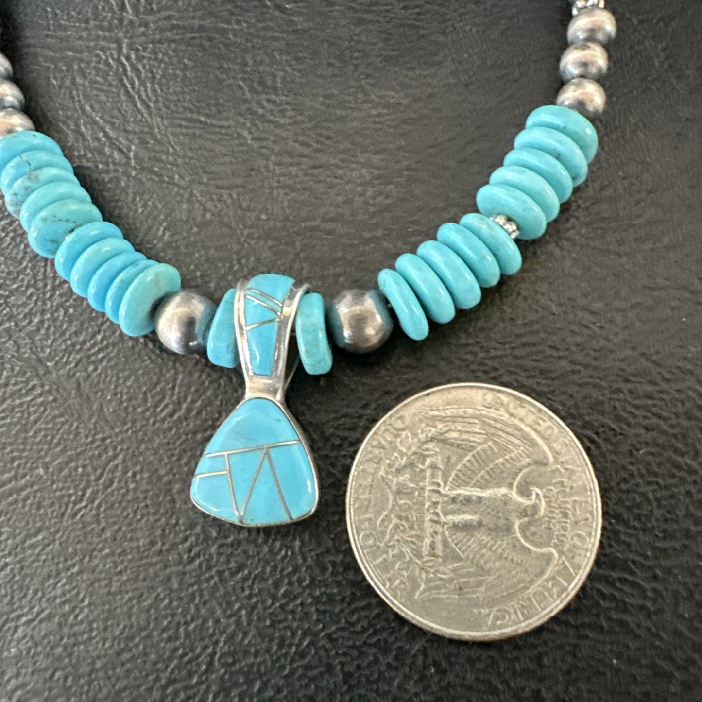 Blue Turquoise Inlay Pendant Navajo Sterling Silver Necklace 19513