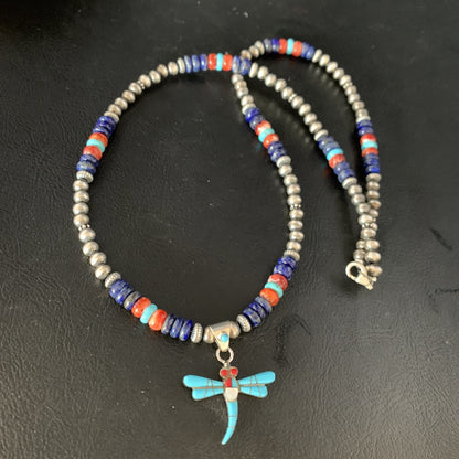 Dragonfly Sterling Silver Turquoise Coral Inlay Multi-Color Pendant 13511