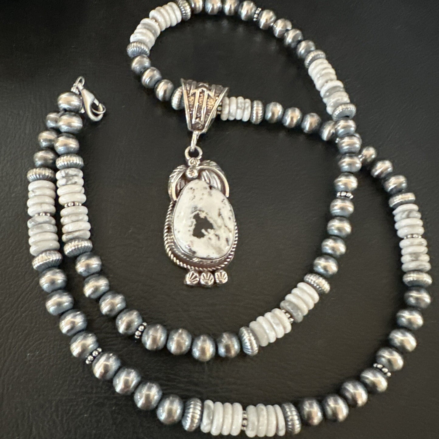 Men Women White Buffalo Turquoise Pendant Navajo Sterling Silver Necklace 17718