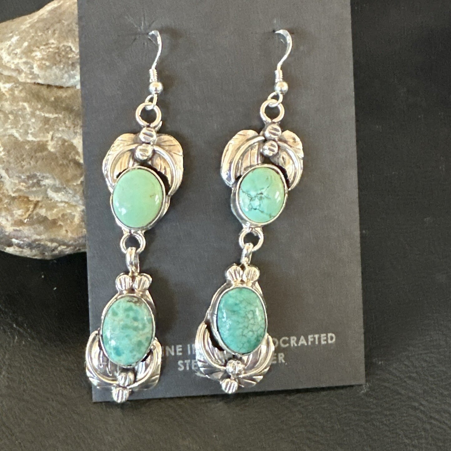 Native Navajo Green Turquoise Sterling Silver Dangle Earrings 2” 17913