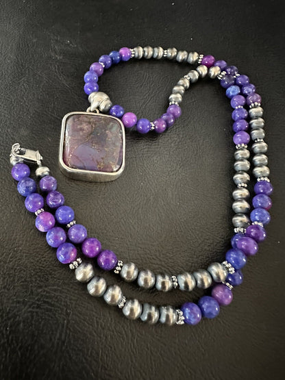 Purple Stone Turquoise Pendant Pearls Sterling Silver Necklace 18385