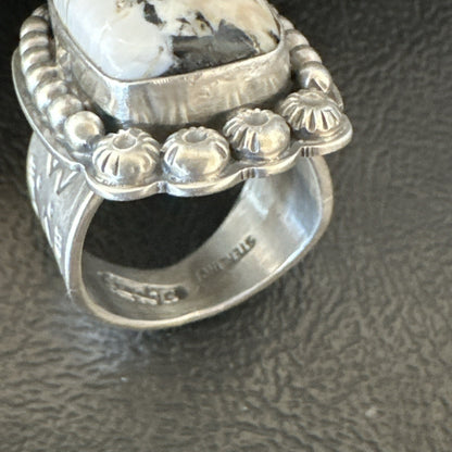 White Buffalo Turquoise Navajo Sterling Silver Ring Size 8 18777