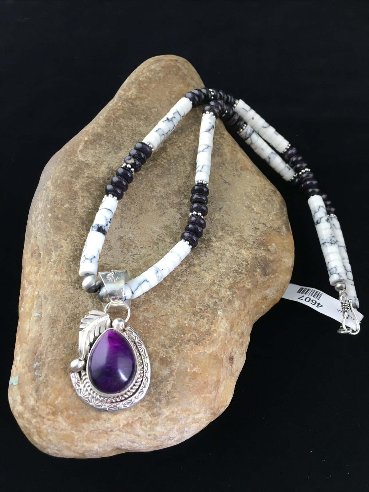 Native  Purple Stone & Howlite Bead Navajo Sterling Silver Necklace 04607