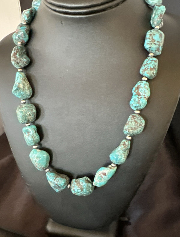 Men's Women's Chunky Blue Nugget Turquoise Navajo Necklace | Sterling Silver | Authentic Native American Handmade | 18673
