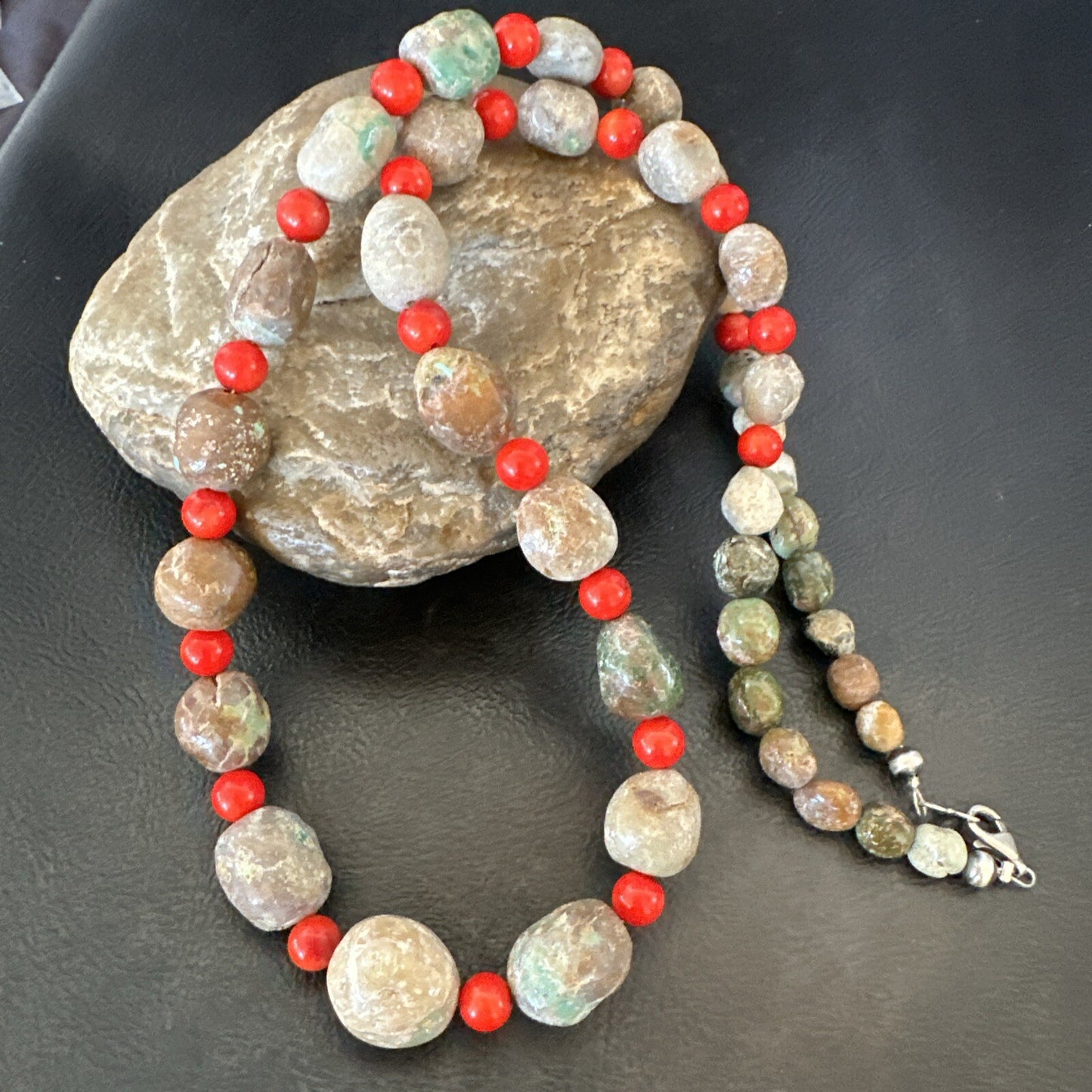Rustic Turquoise Red Coral Navajo Pearls Sterling Silver Necklace 24" 18320