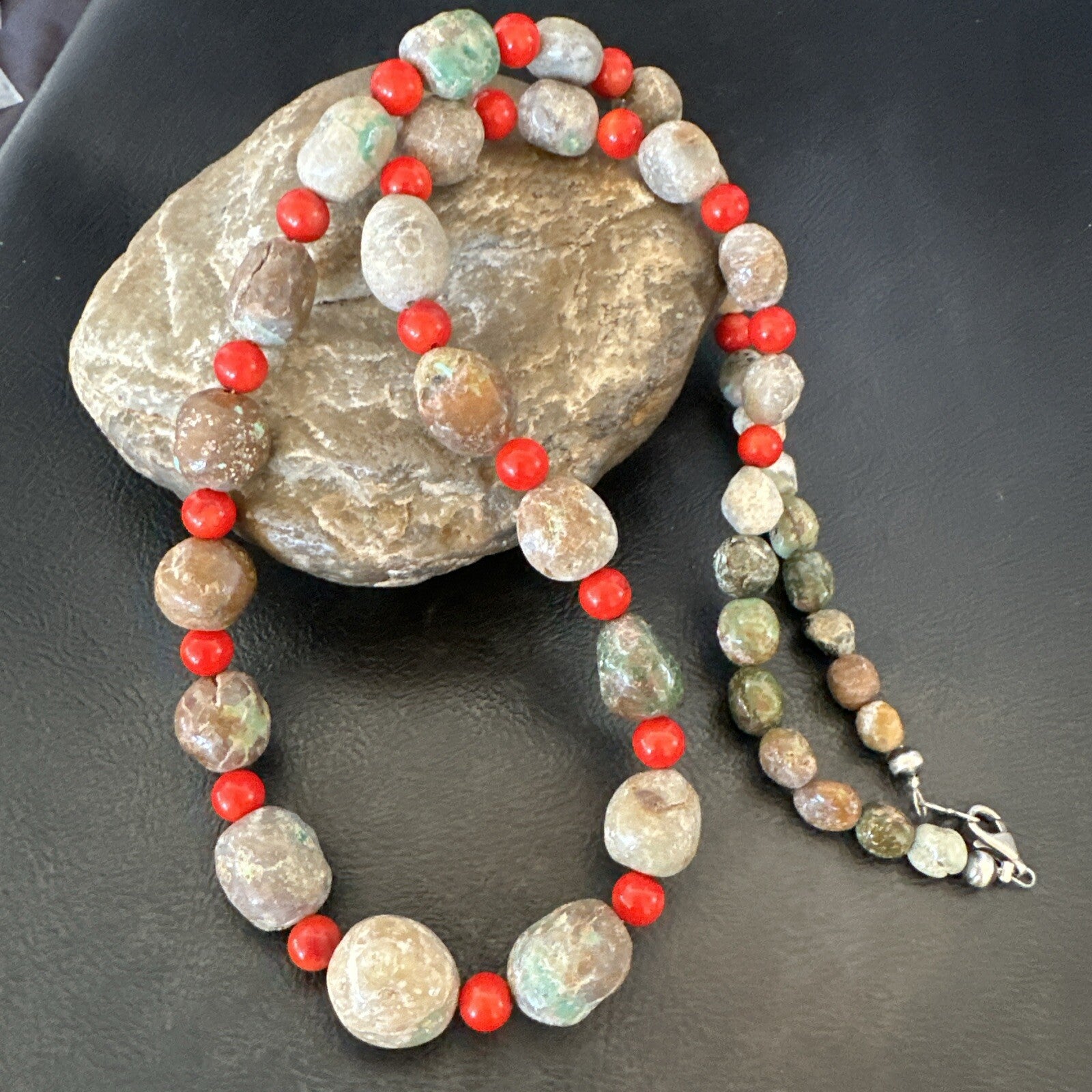 Rustic Turquoise Red Coral Navajo Pearls Sterling Silver Necklace 24" 18320