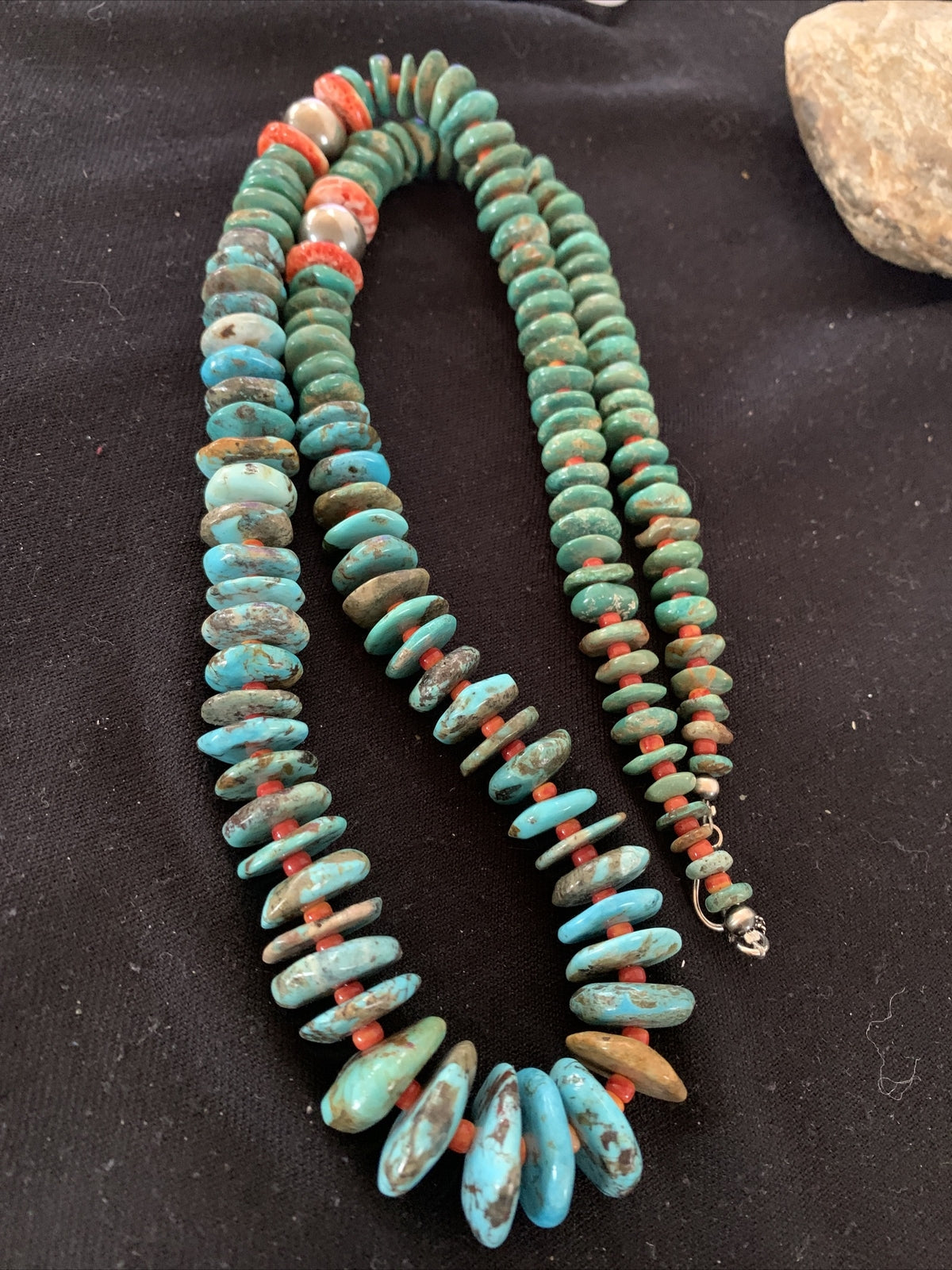 Blue Green Turquoise & Spiny Oyster Navajo Sterling Silver Necklace 28" 01671