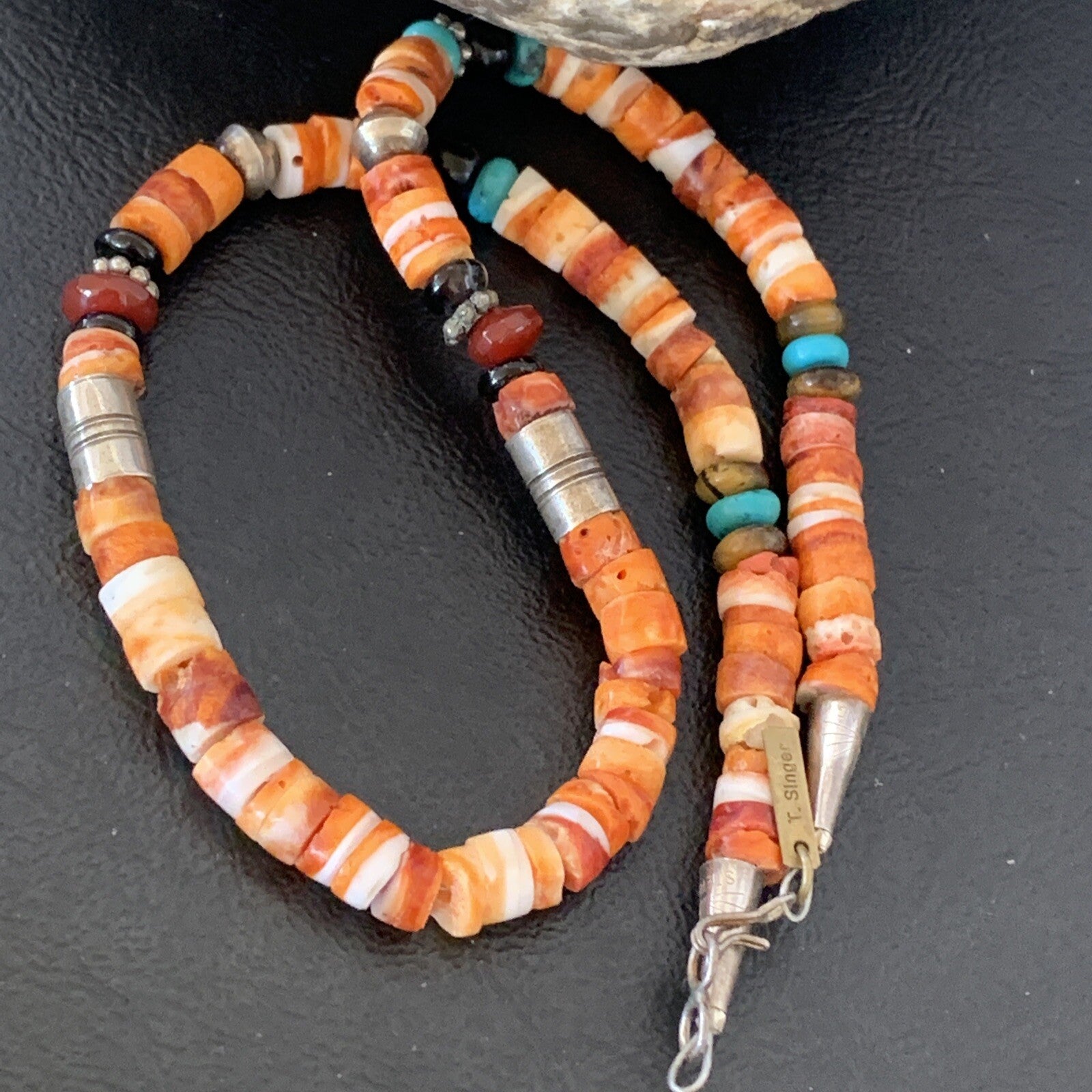 Turquoise Spiny Oyster & Coral Beads Sterling Silver Gold Necklace 10394