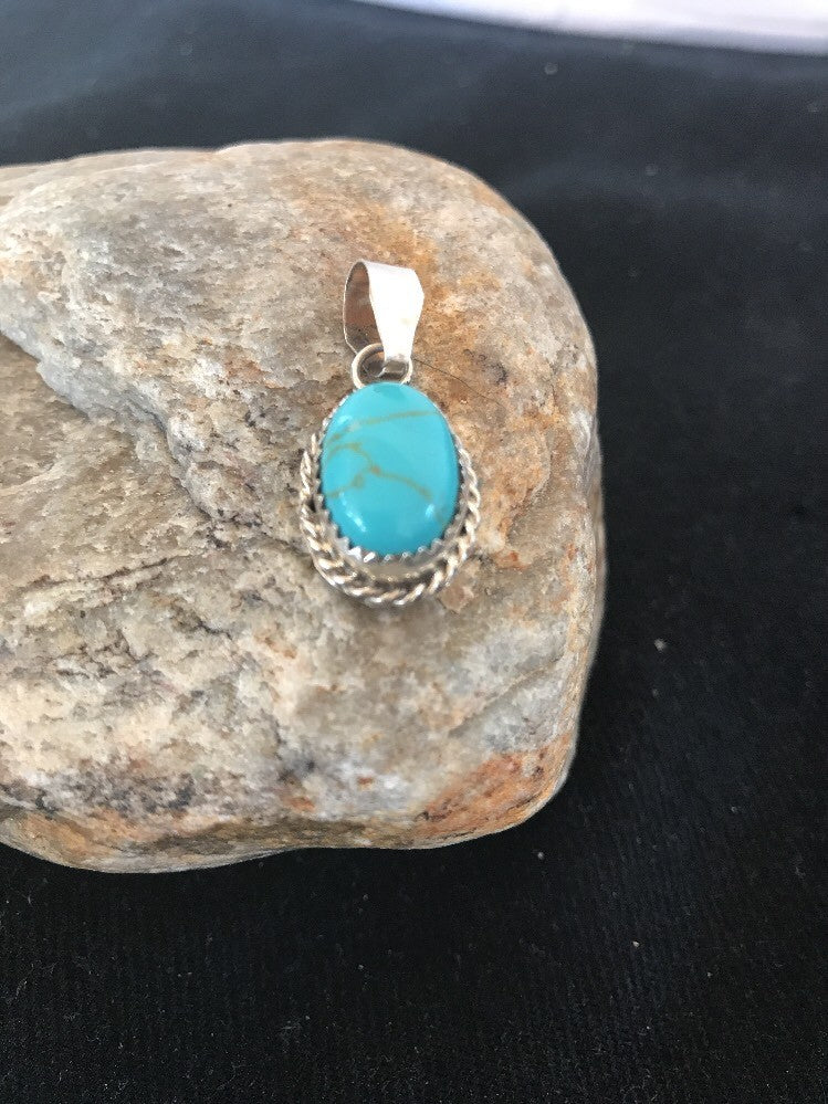 Blue Turquoise Navajo Sterling Silver Native American Pendant 1" 03162