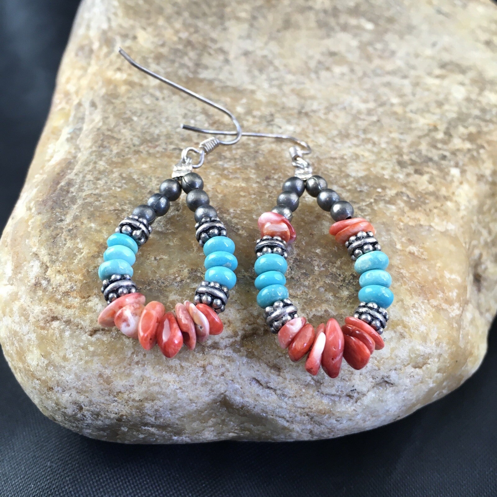 Turquoise Spiny Oyster Navajo Sterling Silver Earrings 1.25” 2034