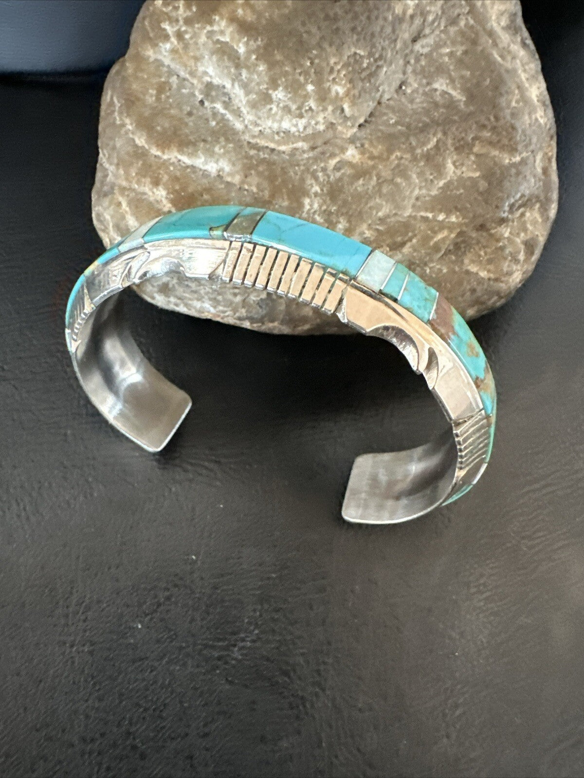 Blue Turquoise Opal Navajo Sterling Silver Cuff Inlay Bracelet 17957