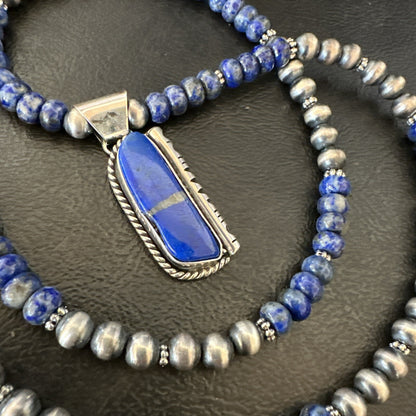 Blue~Lapis~Pendant~Navajo~Pearls~Sterling~Silver~Necklace~ 22”~18742