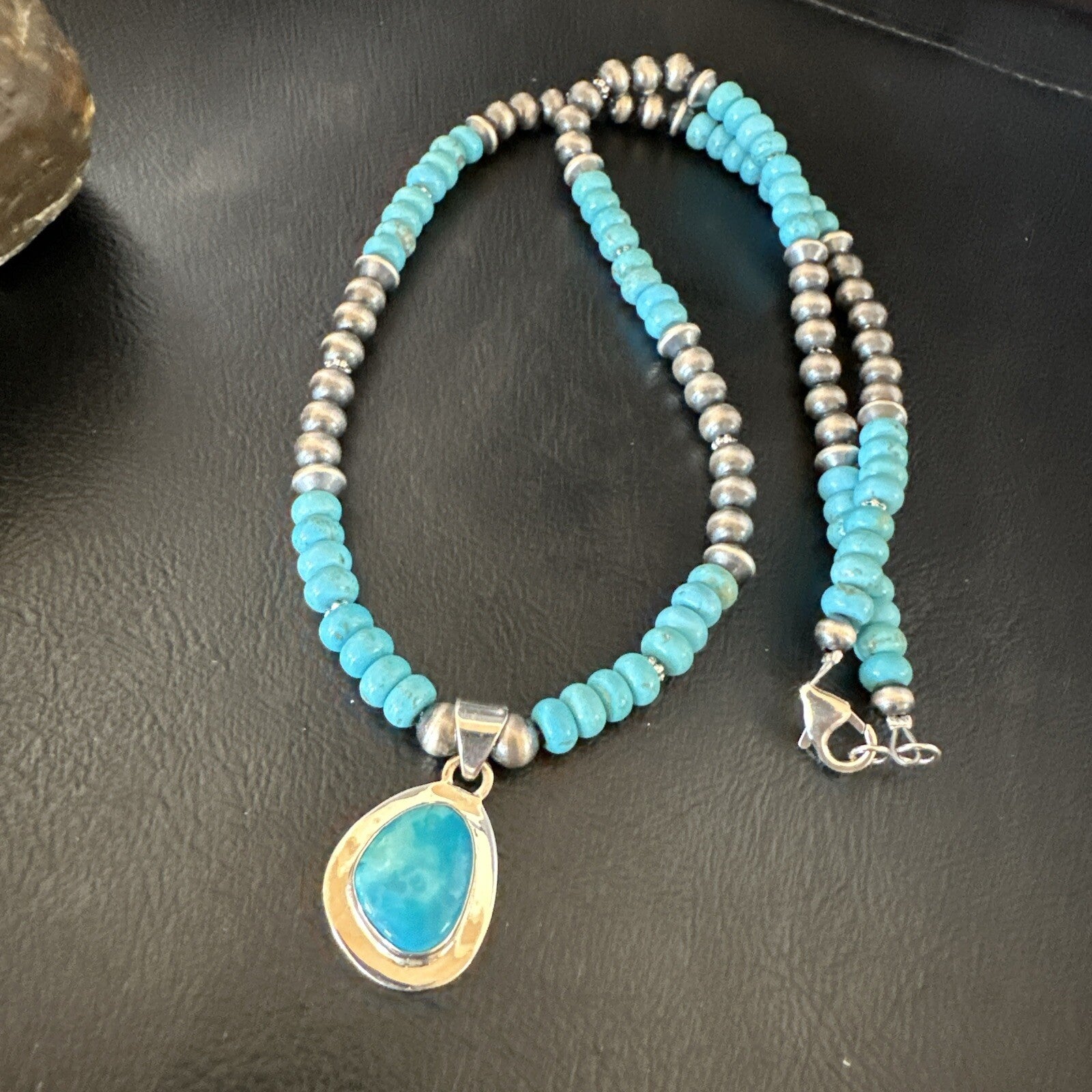 Mens Blue Kingman Turquoise Pendant Navajo Sterling Silver Necklace 21" 18113