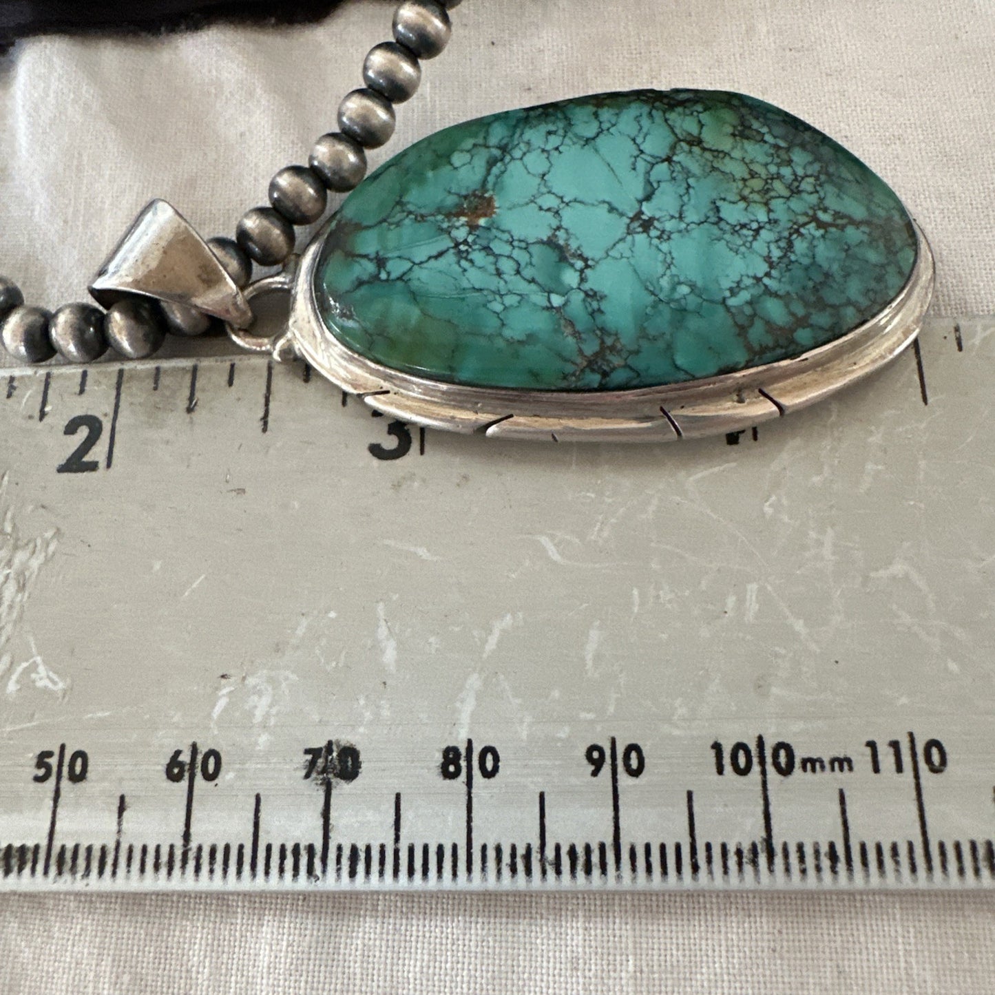 Blue  Green Spiderweb Turquoise Pendant  Sterling Silver Beads Necklace 19494