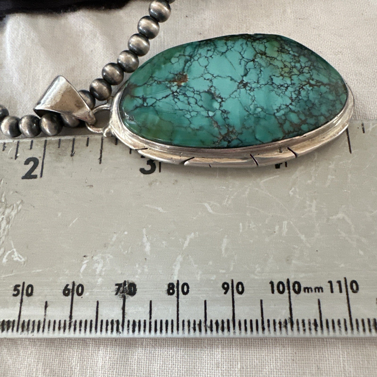 Blue  Green Spiderweb Turquoise Pendant  Sterling Silver Beads Necklace 19494