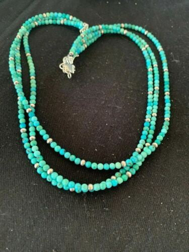 Navajo Blue Turquoise 4mm Bead 3 Strand Necklace Sterling Silver 4827