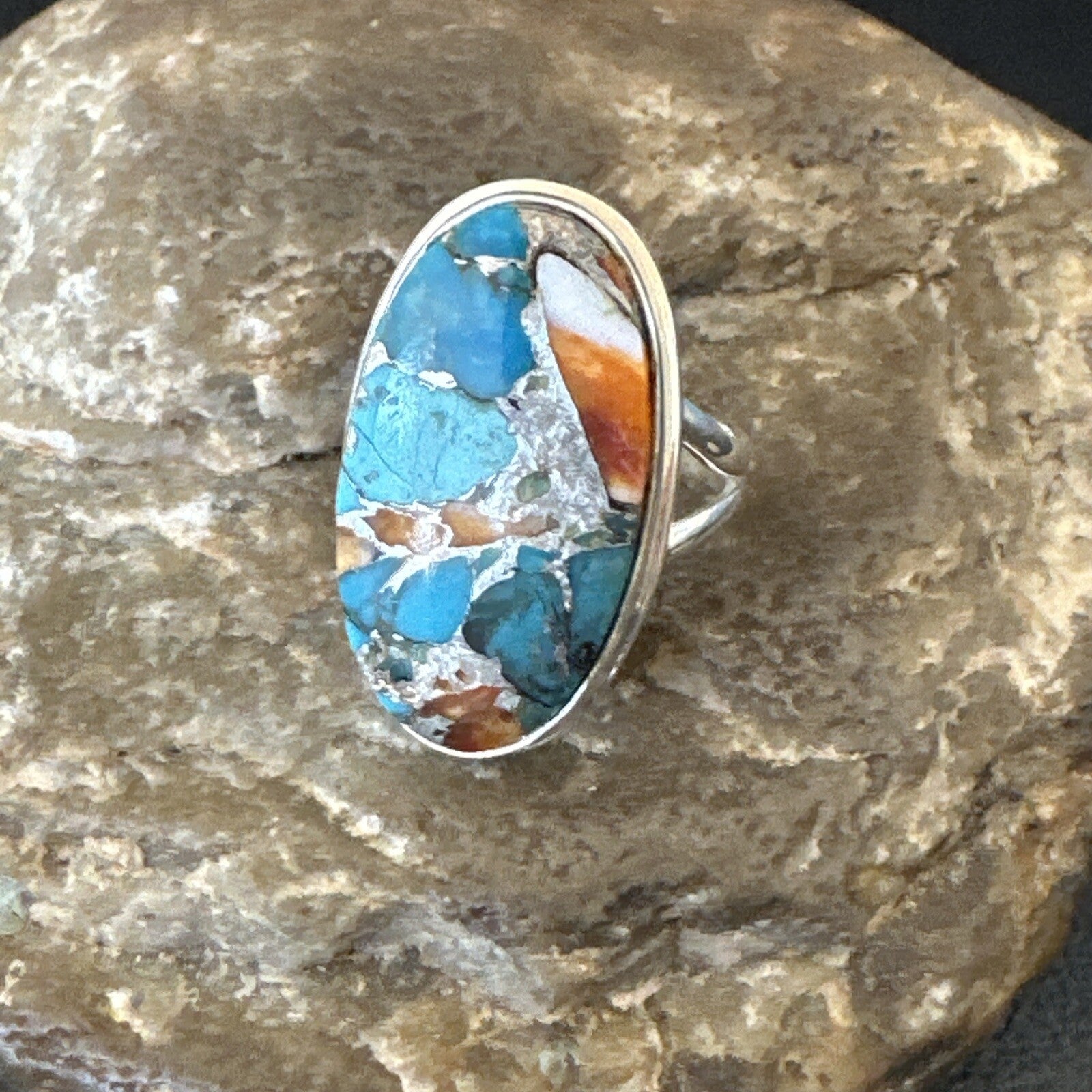 Blue Turquoise Spiny Oyster Southwestern Sterling Silver Ring Size 7 18444