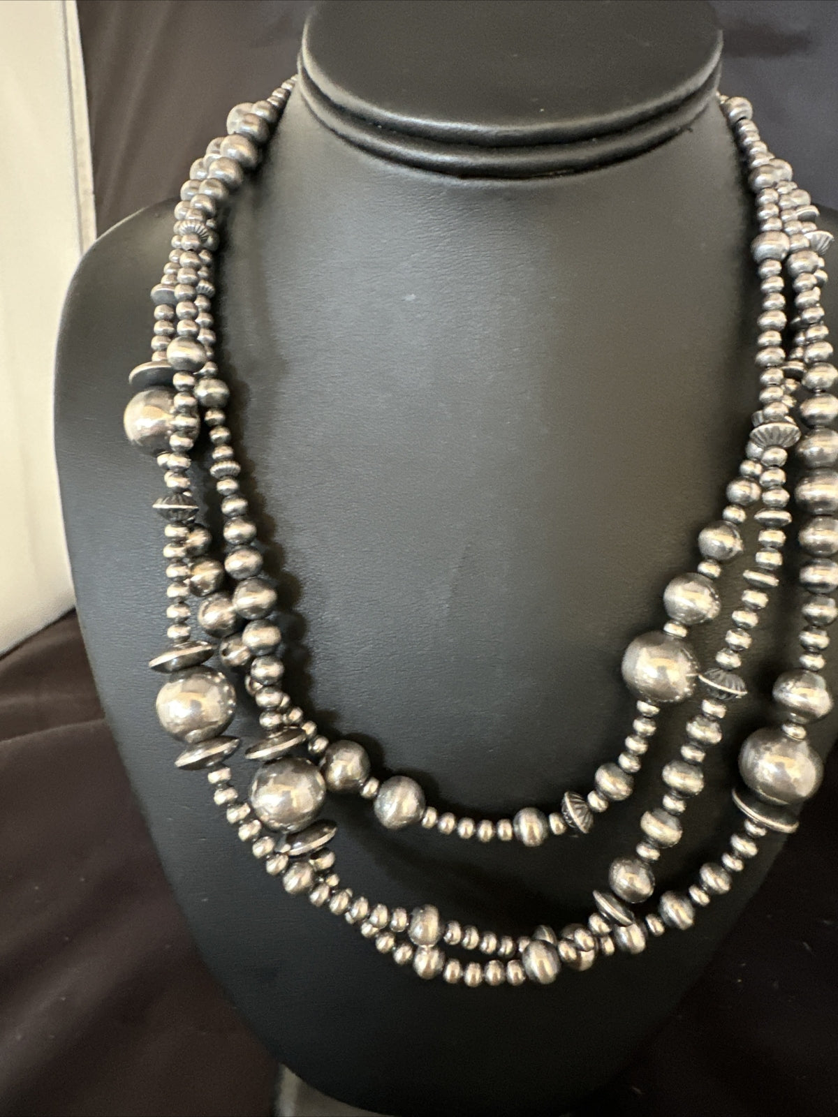 Mixed Bead Bib Sterling Silver Navajo Pearls Necklace 20” 3S 94420