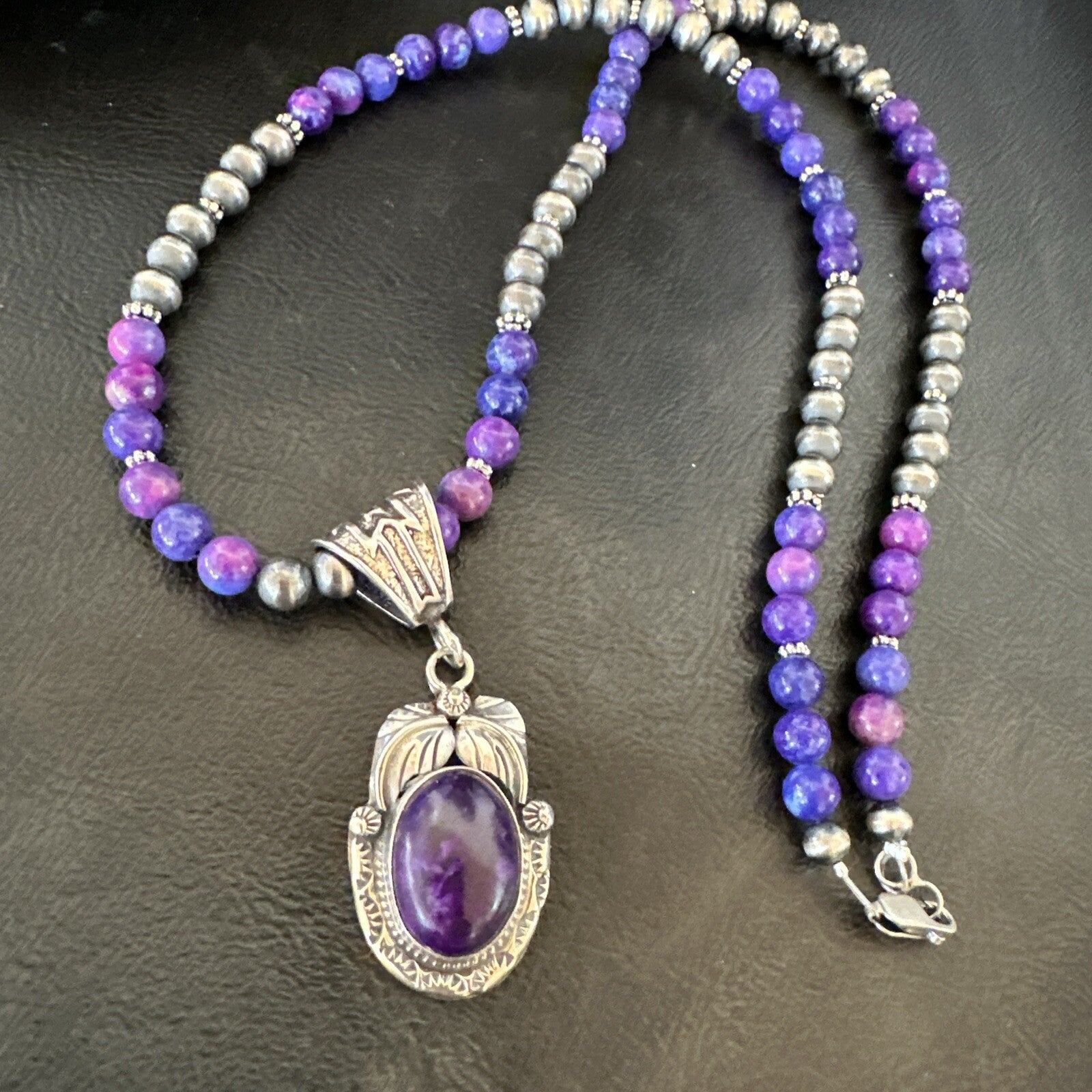 Purple Stone Pendant Navajo Sterling Silver Beads Necklace 18390