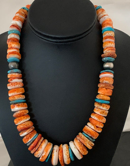 Orange Spiny Oyster Turquoise Navajo Pearls Sterling Necklace 20" 00137