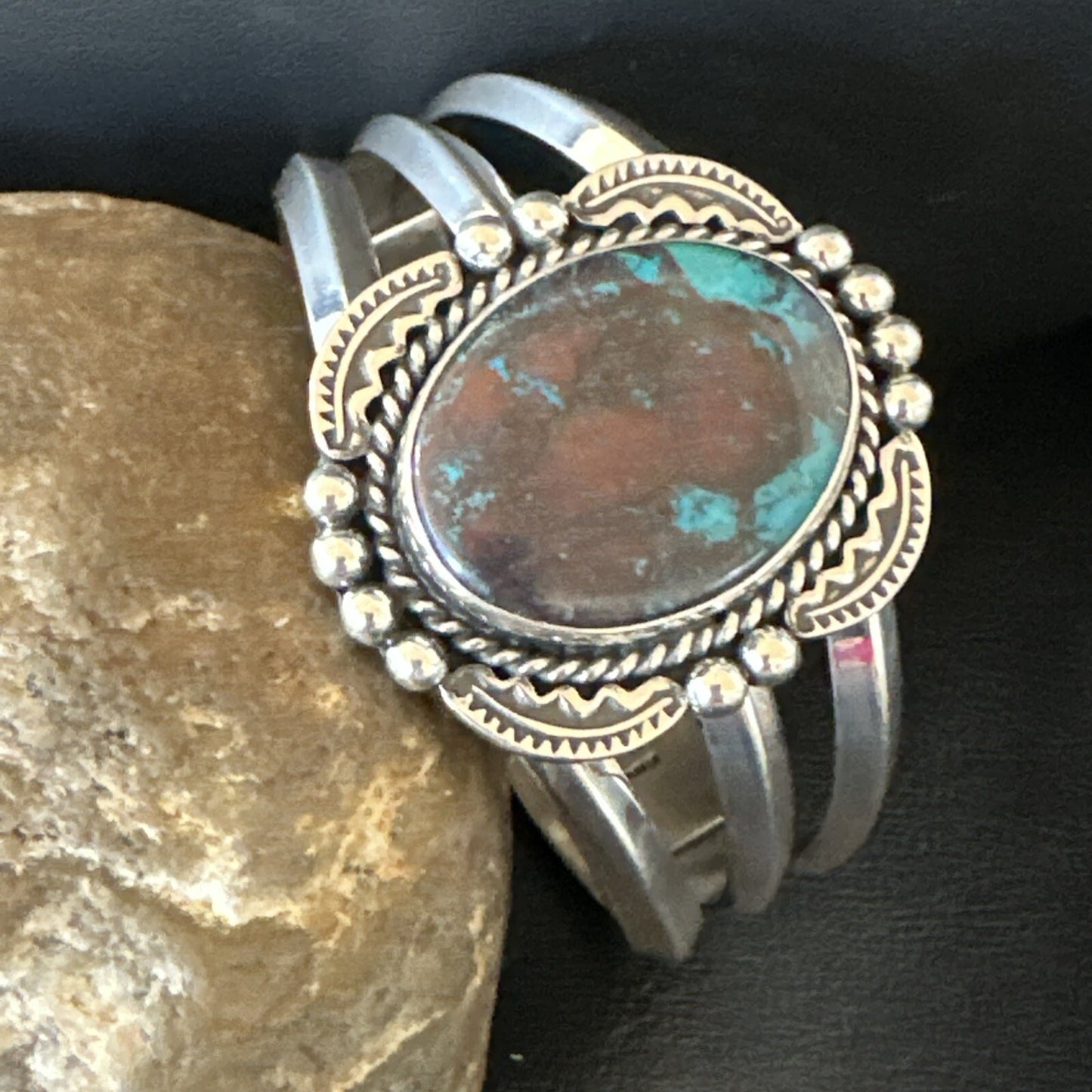Navajo Blue TURQUOISE Stamped Sterling Silver Cuff Bracelet 18715