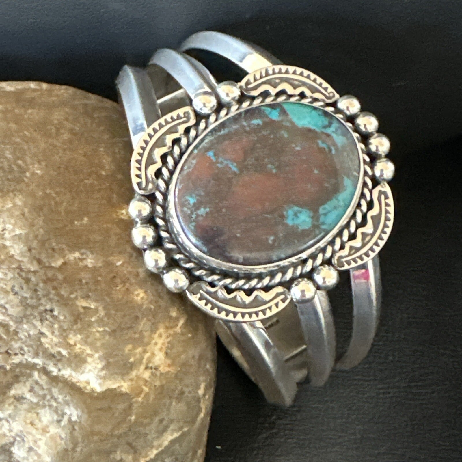 Navajo Blue TURQUOISE Stamped Sterling Silver Cuff Bracelet 18715